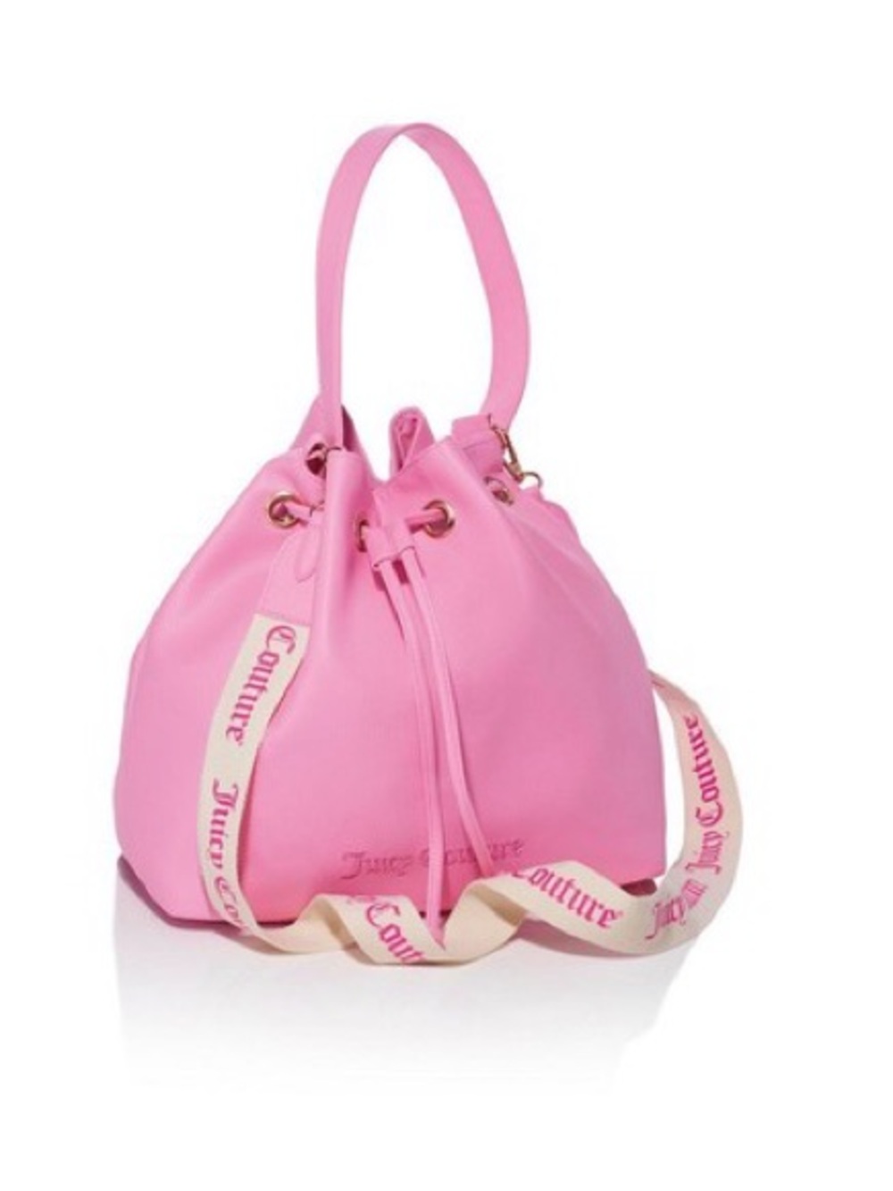 Juicy Couture Pink Drawstring Tote Bucket Bag Hobo Purse Logo Crossbody Strap